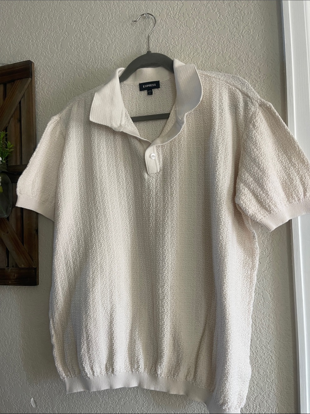 Express Men's Cream Textured Short-Sleeve Polo